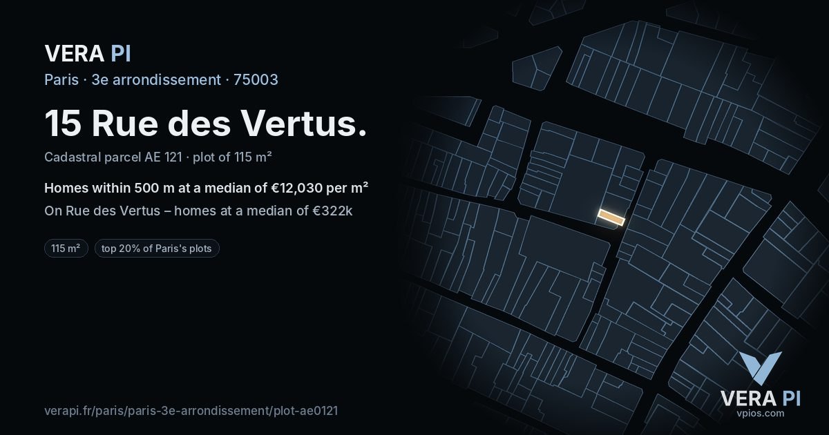 15 Rue des Vertus, 3e arrondissement at night – the plot lit, the parcels around coloured by the prices near them