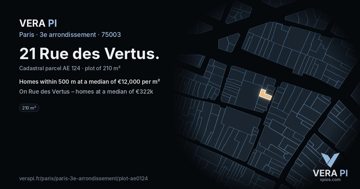 21 Rue des Vertus, 3e arrondissement at night – the plot lit, the parcels around coloured by the prices near them