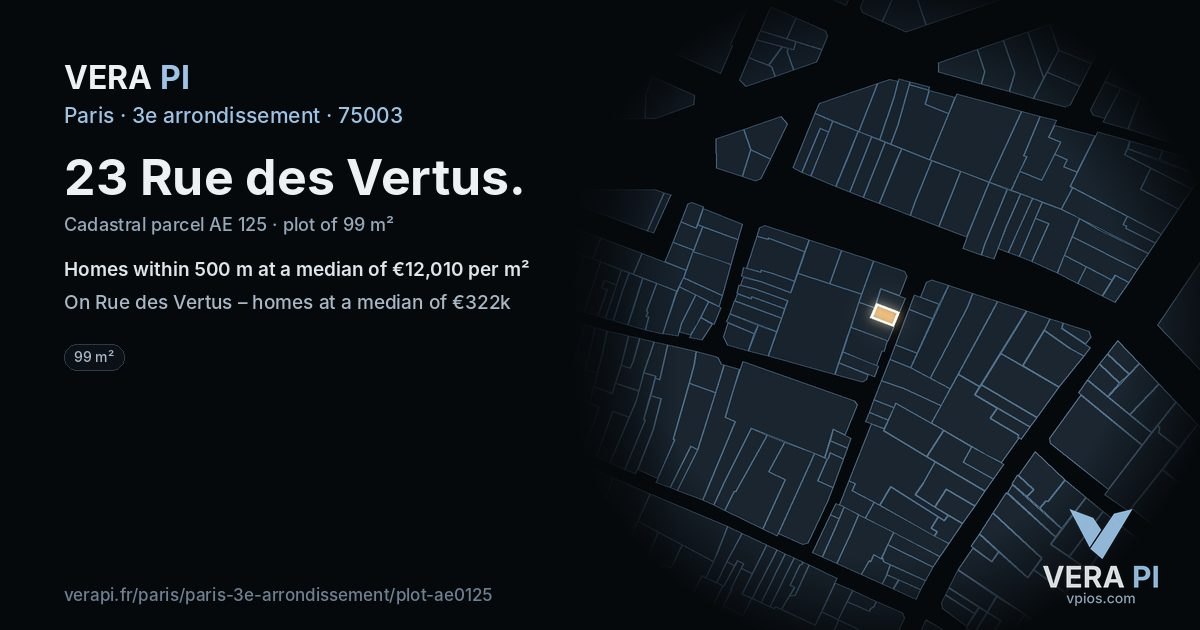 23 Rue des Vertus, 3e arrondissement at night – the plot lit, the parcels around coloured by the prices near them
