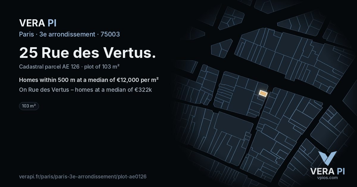 25 Rue des Vertus, 3e arrondissement at night – the plot lit, the parcels around coloured by the prices near them