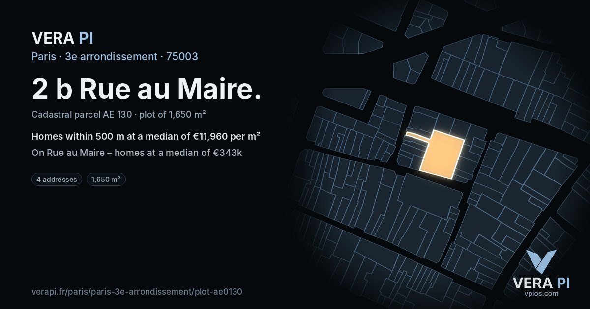 2 b Rue au Maire, 3e arrondissement at night – the plot lit, the parcels around coloured by the prices near them