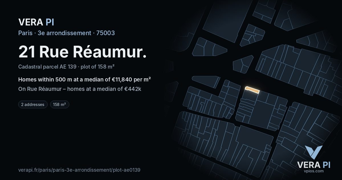 21 Rue Réaumur, 3e arrondissement at night – the plot lit, the parcels around coloured by the prices near them