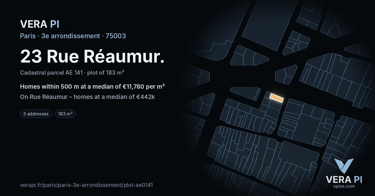 23 Rue Réaumur, 3e arrondissement at night – the plot lit, the parcels around coloured by the prices near them