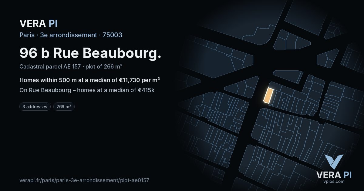 96 b Rue Beaubourg, 3e arrondissement at night – the plot lit, the parcels around coloured by the prices near them