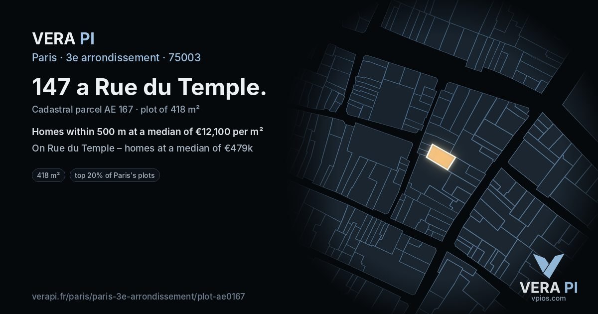 147 a Rue du Temple, 3e arrondissement at night – the plot lit, the parcels around coloured by the prices near them
