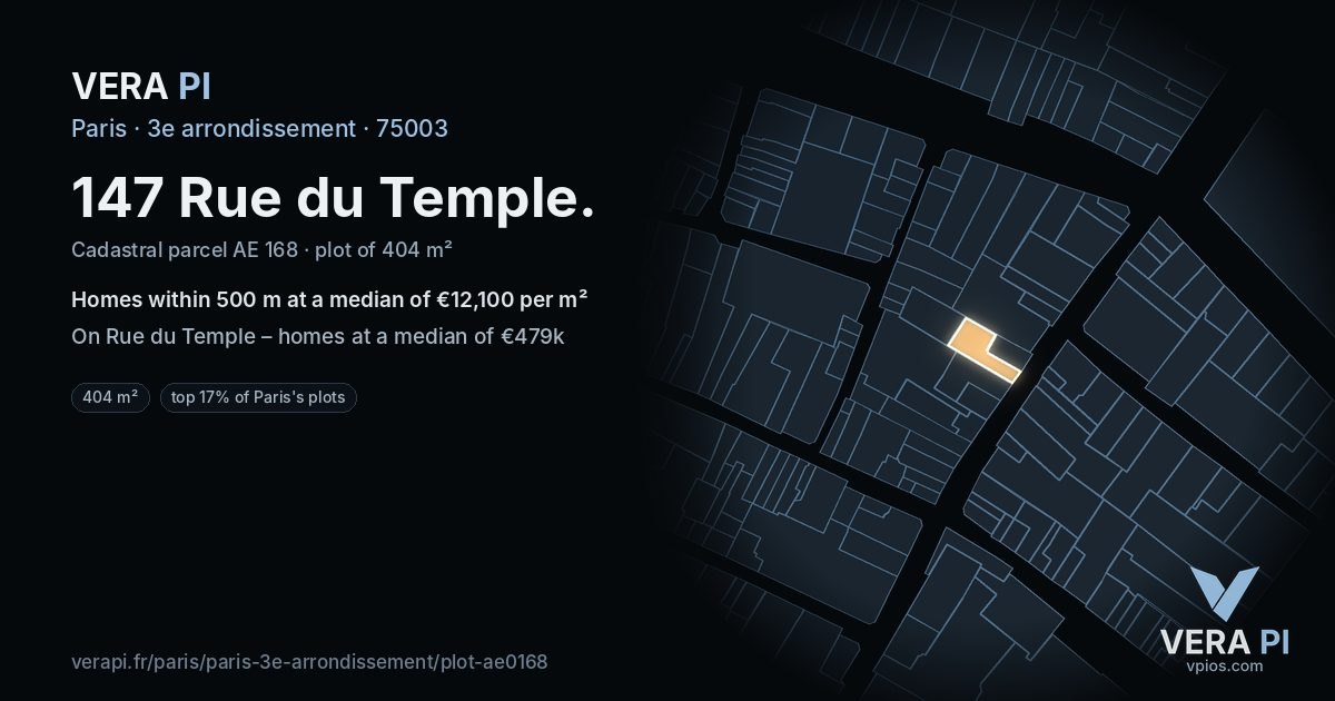 147 Rue du Temple, 3e arrondissement at night – the plot lit, the parcels around coloured by the prices near them