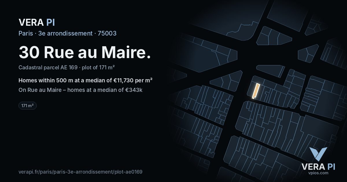 30 Rue au Maire, 3e arrondissement at night – the plot lit, the parcels around coloured by the prices near them