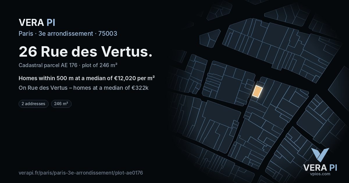 26 Rue des Vertus, 3e arrondissement at night – the plot lit, the parcels around coloured by the prices near them