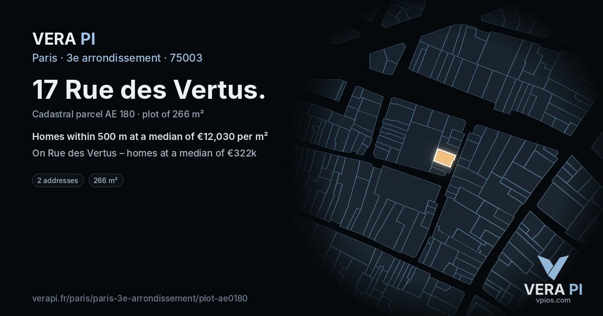 17 Rue des Vertus, 3e arrondissement at night – the plot lit, the parcels around coloured by the prices near them