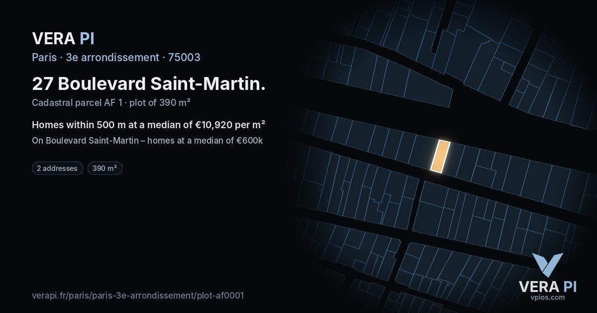 27 Boulevard Saint-Martin, 3e arrondissement at night – the plot lit, the parcels around coloured by the prices near them