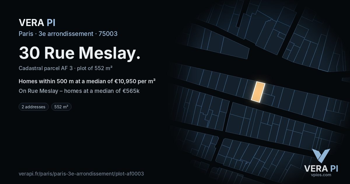 30 Rue Meslay, 3e arrondissement at night – the plot lit, the parcels around coloured by the prices near them