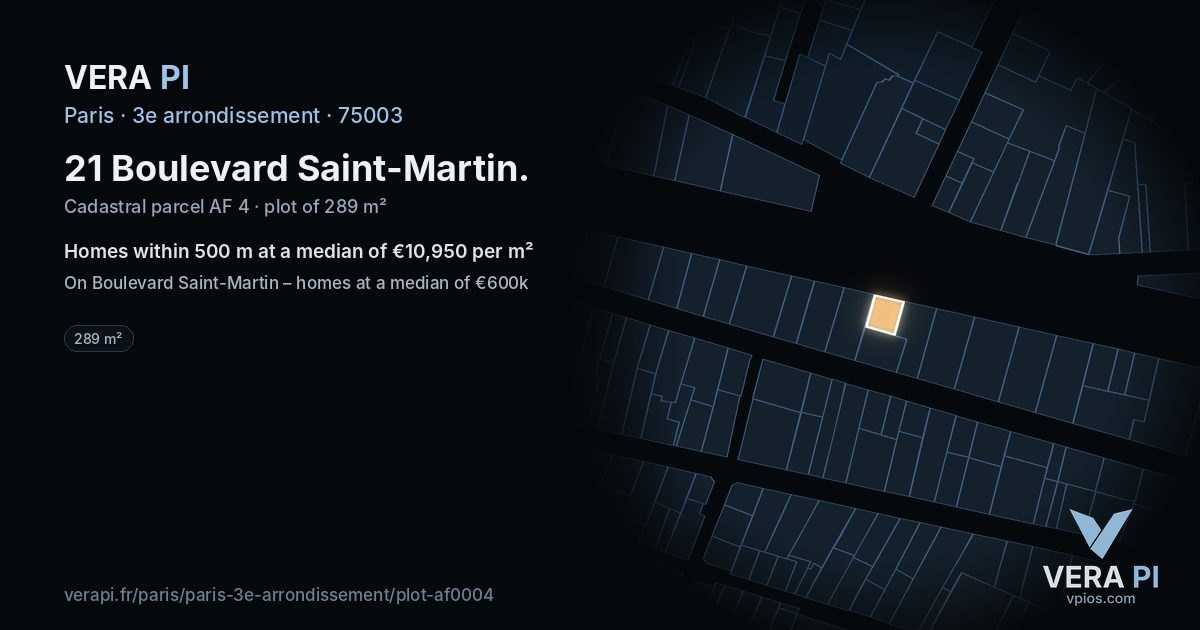 21 Boulevard Saint-Martin, 3e arrondissement at night – the plot lit, the parcels around coloured by the prices near them