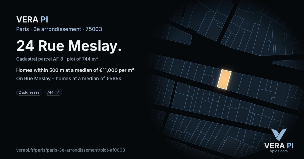 24 Rue Meslay, 3e arrondissement at night – the plot lit, the parcels around coloured by the prices near them