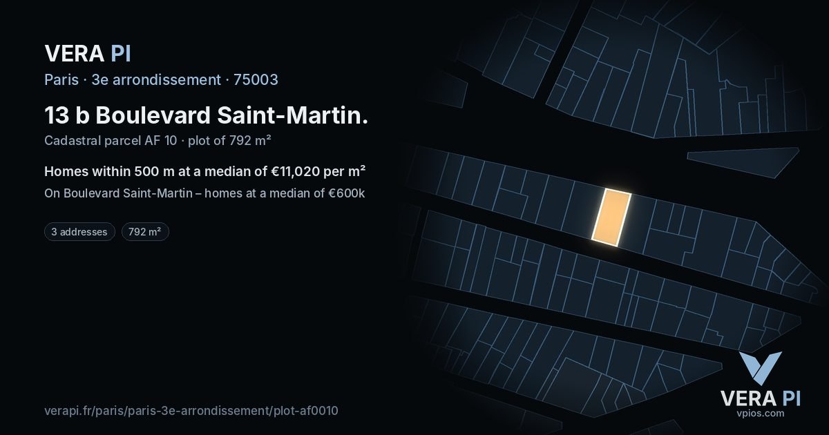 13 b Boulevard Saint-Martin, 3e arrondissement at night – the plot lit, the parcels around coloured by the prices near them