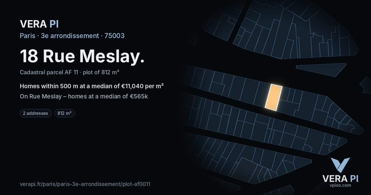 18 Rue Meslay, 3e arrondissement at night – the plot lit, the parcels around coloured by the prices near them