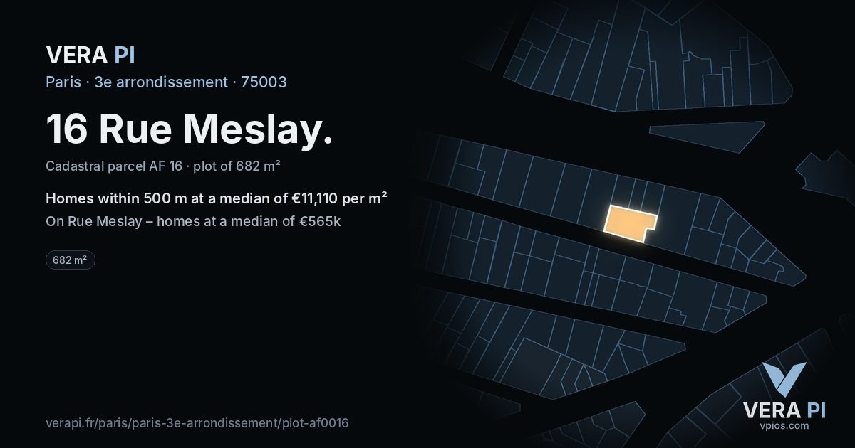 16 Rue Meslay, 3e arrondissement at night – the plot lit, the parcels around coloured by the prices near them