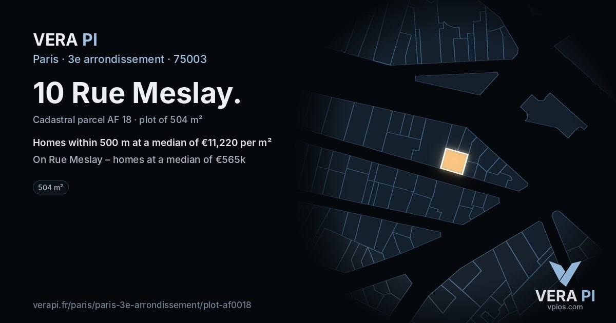10 Rue Meslay, 3e arrondissement at night – the plot lit, the parcels around coloured by the prices near them