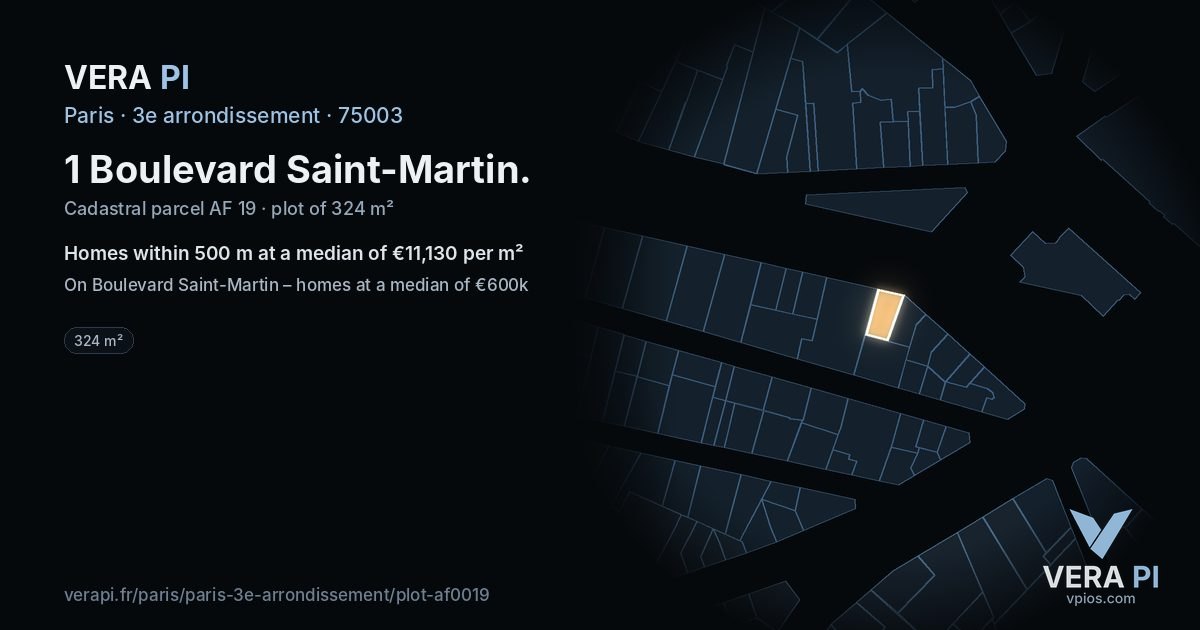 1 Boulevard Saint-Martin, 3e arrondissement at night – the plot lit, the parcels around coloured by the prices near them