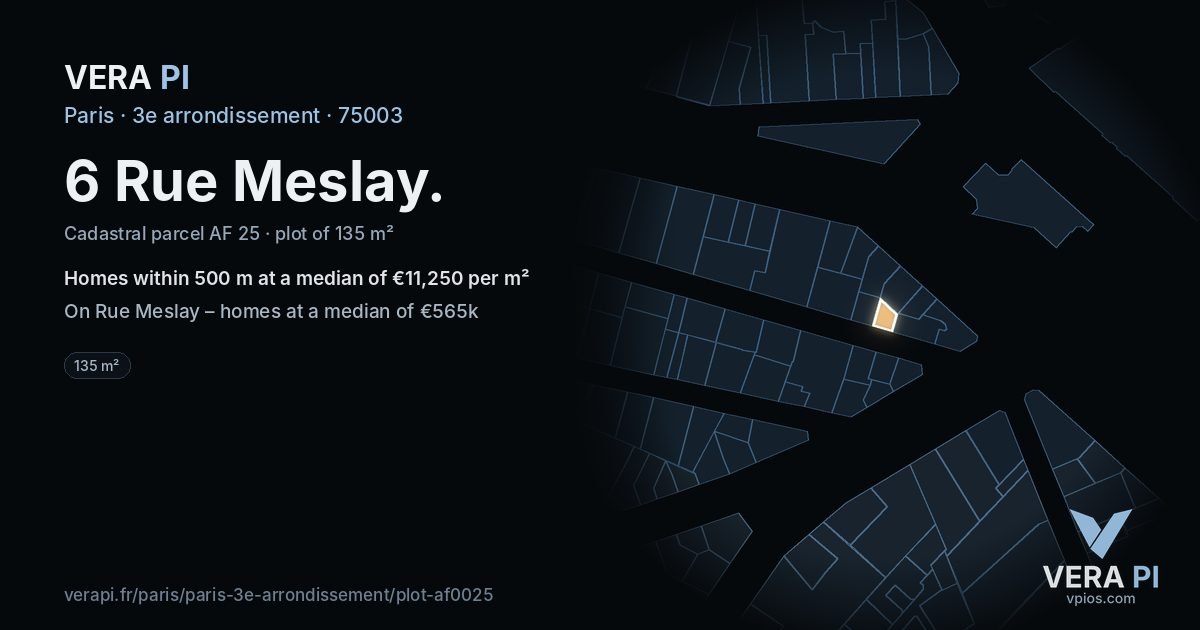 6 Rue Meslay, 3e arrondissement at night – the plot lit, the parcels around coloured by the prices near them
