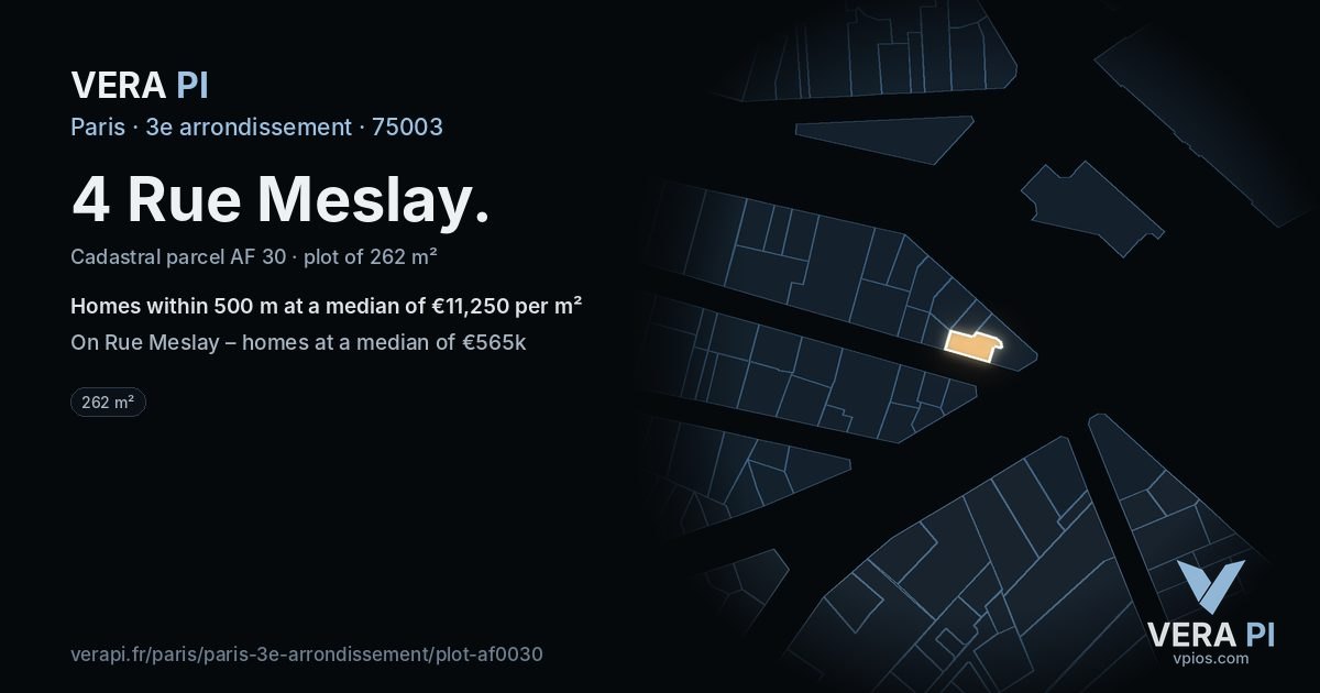 4 Rue Meslay, 3e arrondissement at night – the plot lit, the parcels around coloured by the prices near them
