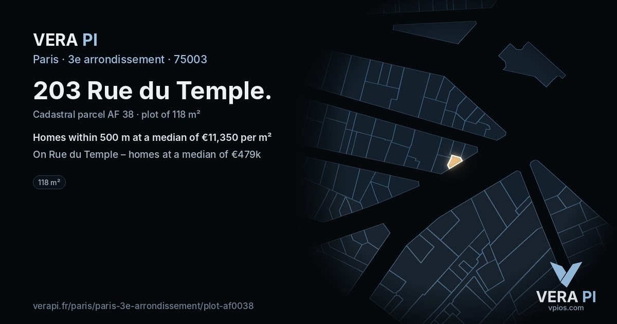 203 Rue du Temple, 3e arrondissement at night – the plot lit, the parcels around coloured by the prices near them