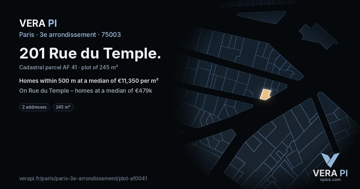 201 Rue du Temple, 3e arrondissement at night – the plot lit, the parcels around coloured by the prices near them