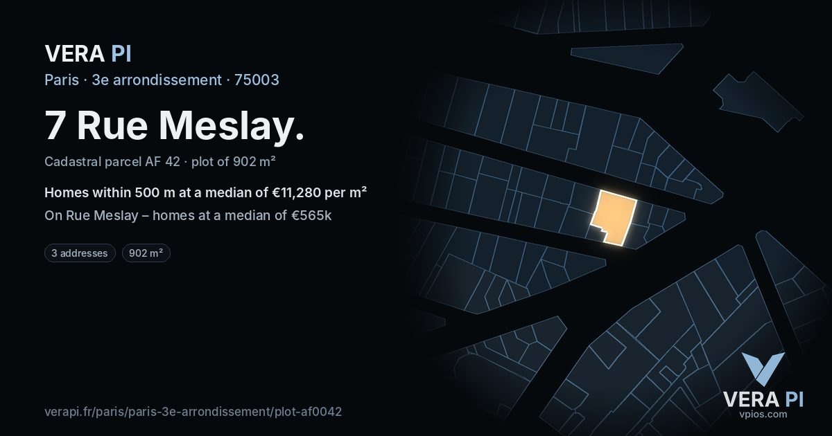 7 Rue Meslay, 3e arrondissement at night – the plot lit, the parcels around coloured by the prices near them
