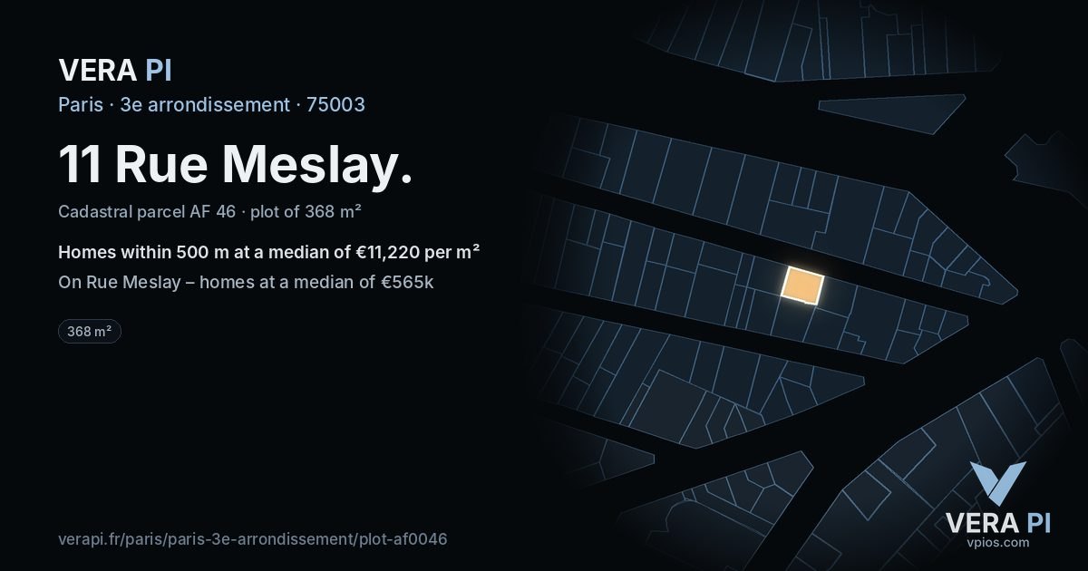 11 Rue Meslay, 3e arrondissement at night – the plot lit, the parcels around coloured by the prices near them