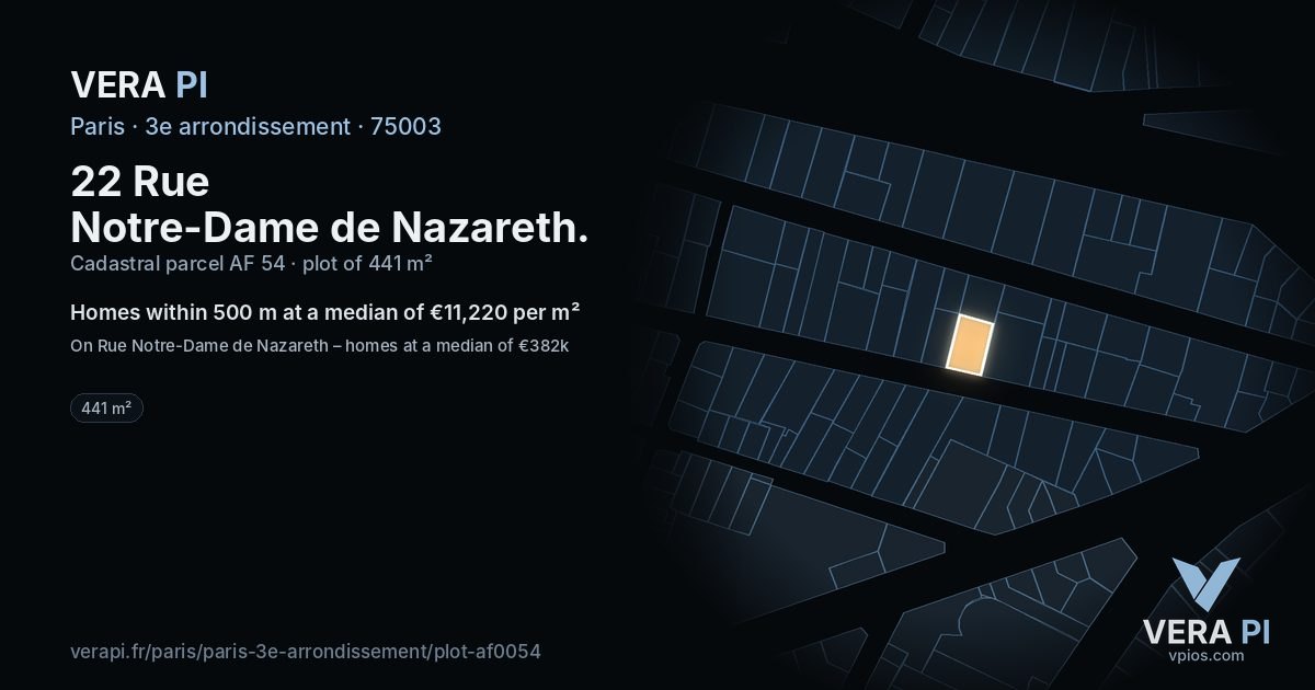 22 Rue Notre-Dame de Nazareth, 3e arrondissement at night – the plot lit, the parcels around coloured by the prices near them