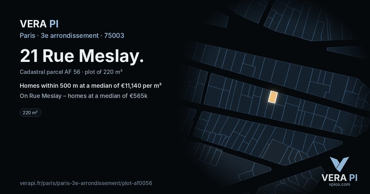 21 Rue Meslay, 3e arrondissement at night – the plot lit, the parcels around coloured by the prices near them