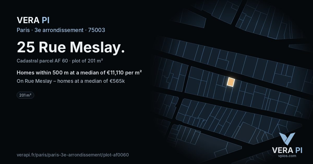 25 Rue Meslay, 3e arrondissement at night – the plot lit, the parcels around coloured by the prices near them