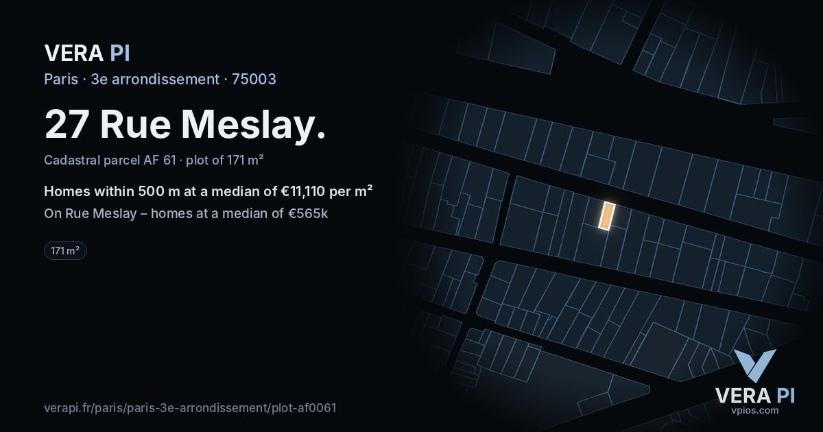 27 Rue Meslay, 3e arrondissement at night – the plot lit, the parcels around coloured by the prices near them