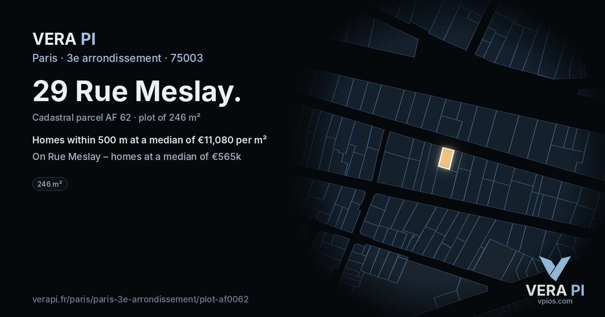 29 Rue Meslay, 3e arrondissement at night – the plot lit, the parcels around coloured by the prices near them