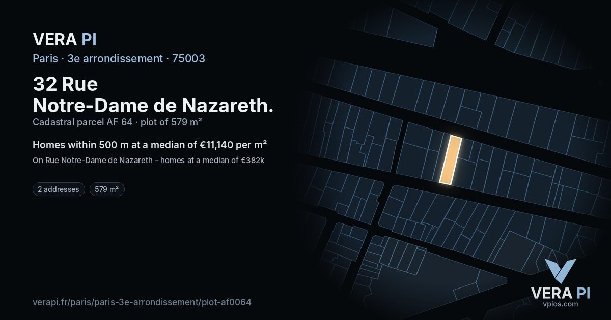 32 Rue Notre-Dame de Nazareth, 3e arrondissement at night – the plot lit, the parcels around coloured by the prices near them