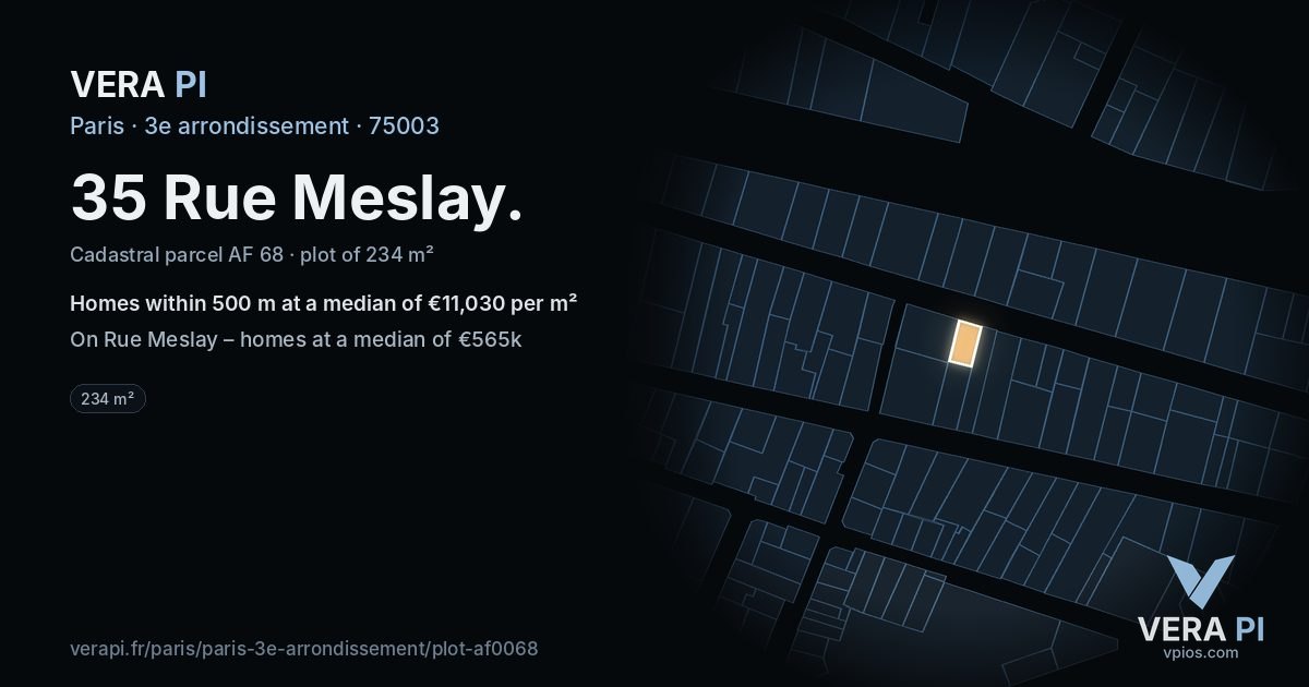 35 Rue Meslay, 3e arrondissement at night – the plot lit, the parcels around coloured by the prices near them