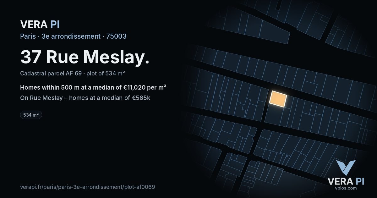 37 Rue Meslay, 3e arrondissement at night – the plot lit, the parcels around coloured by the prices near them