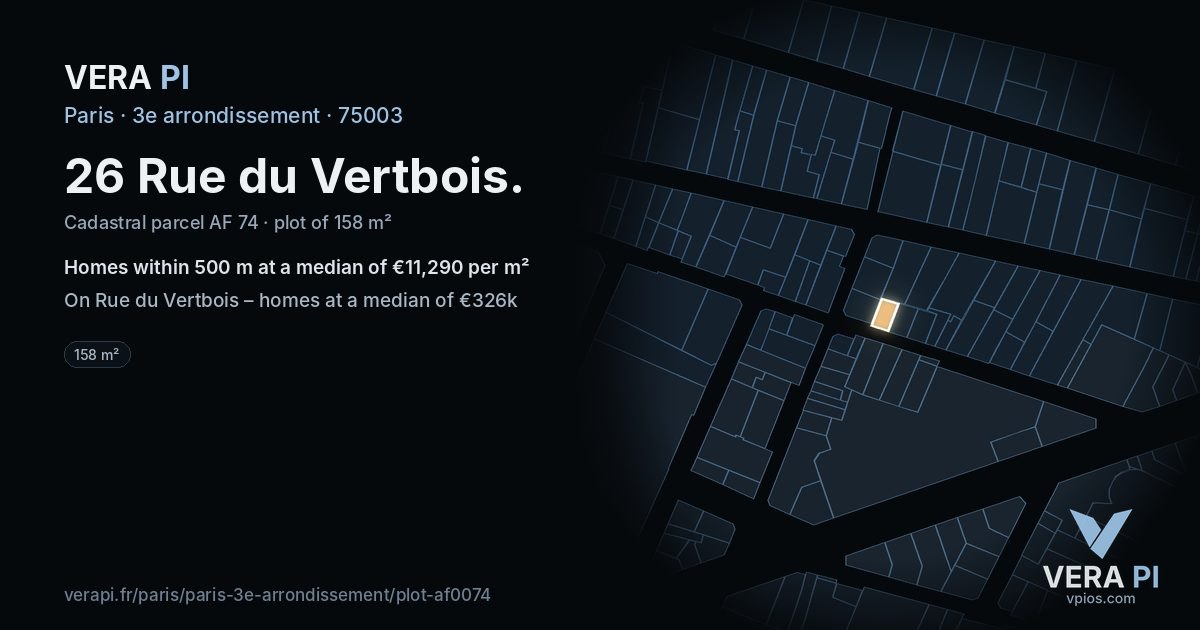 26 Rue du Vertbois, 3e arrondissement at night – the plot lit, the parcels around coloured by the prices near them
