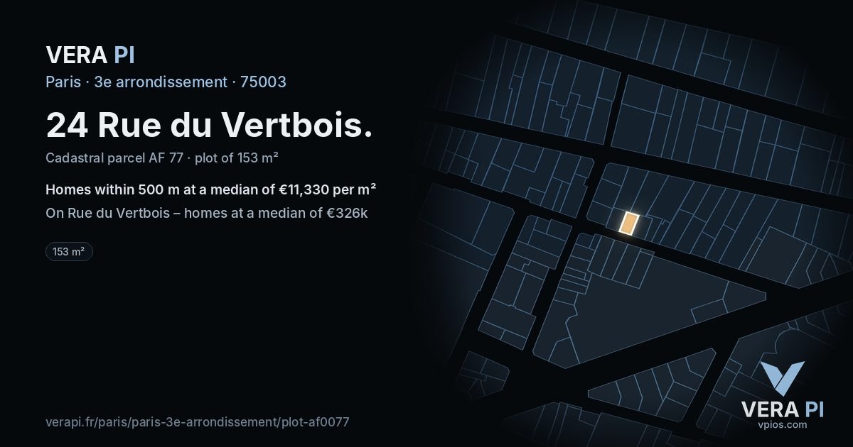 24 Rue du Vertbois, 3e arrondissement at night – the plot lit, the parcels around coloured by the prices near them