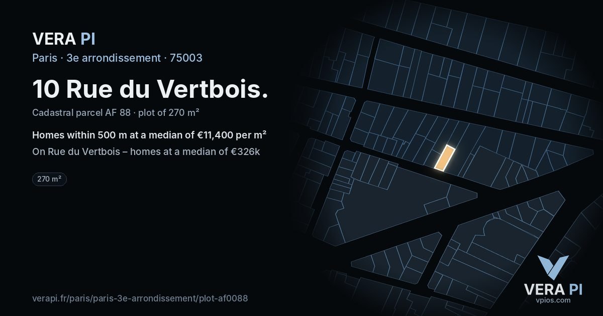10 Rue du Vertbois, 3e arrondissement at night – the plot lit, the parcels around coloured by the prices near them