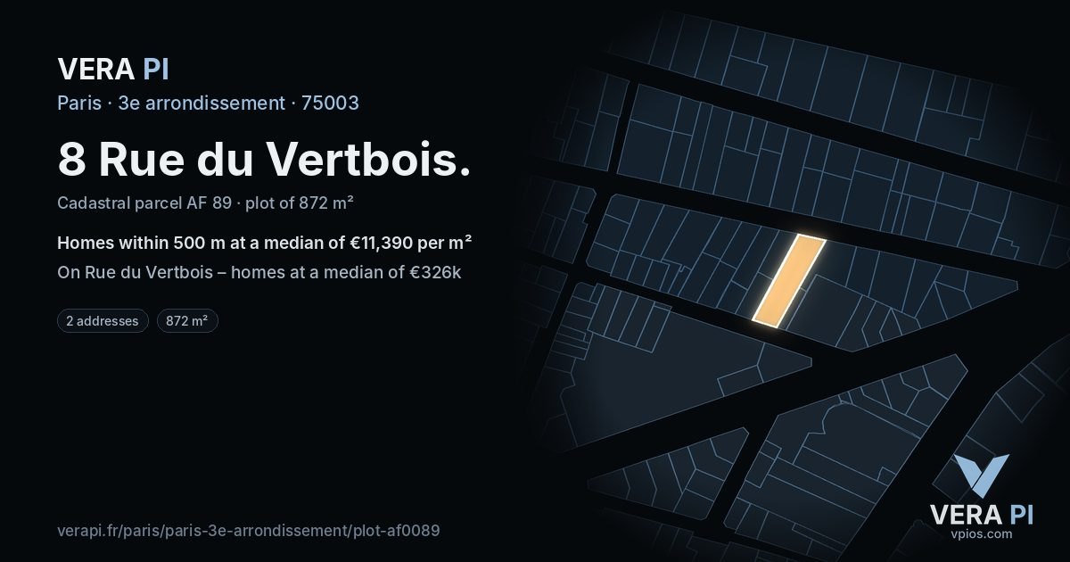 8 Rue du Vertbois, 3e arrondissement at night – the plot lit, the parcels around coloured by the prices near them