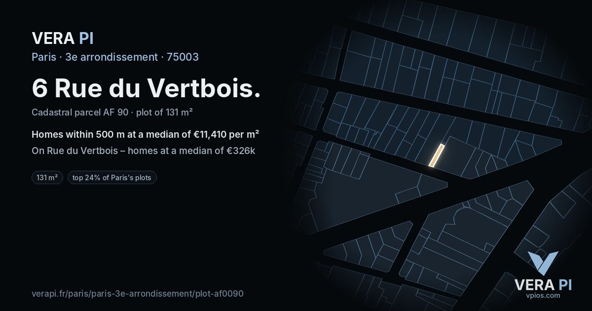 6 Rue du Vertbois, 3e arrondissement at night – the plot lit, the parcels around coloured by the prices near them