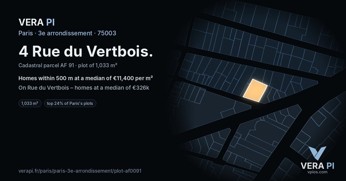 4 Rue du Vertbois, 3e arrondissement at night – the plot lit, the parcels around coloured by the prices near them