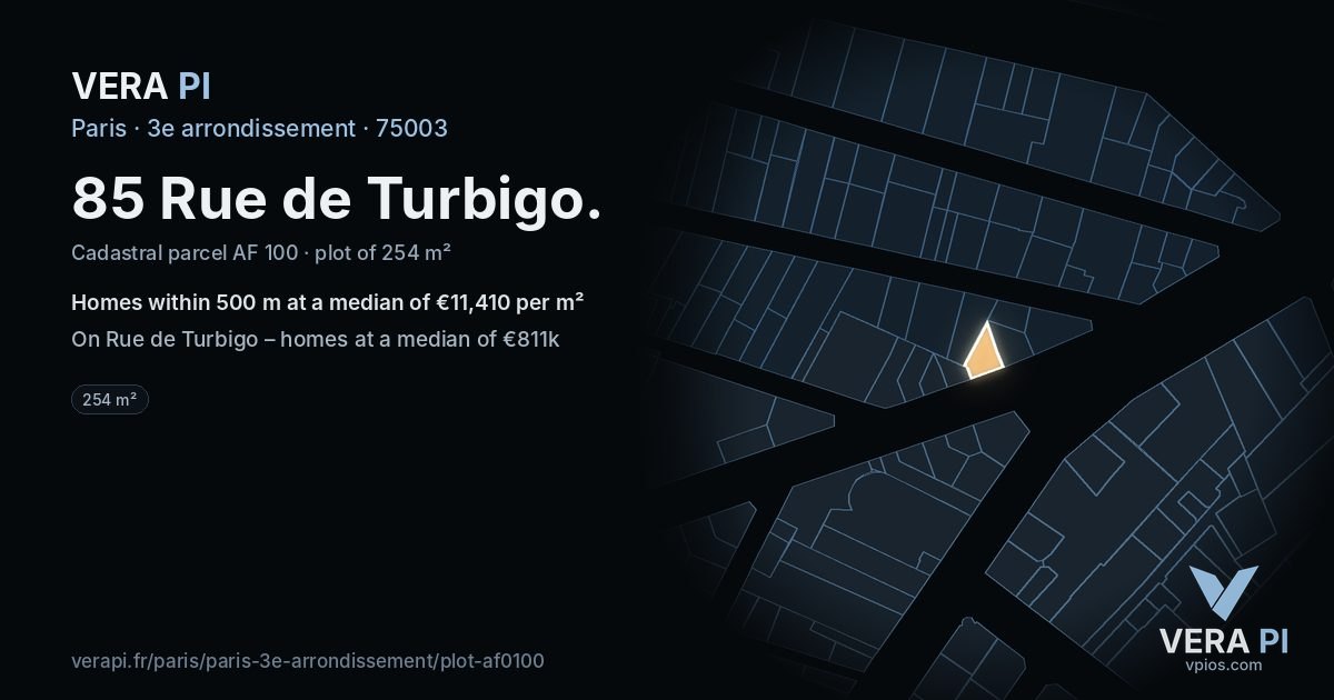 85 Rue de Turbigo, 3e arrondissement at night – the plot lit, the parcels around coloured by the prices near them