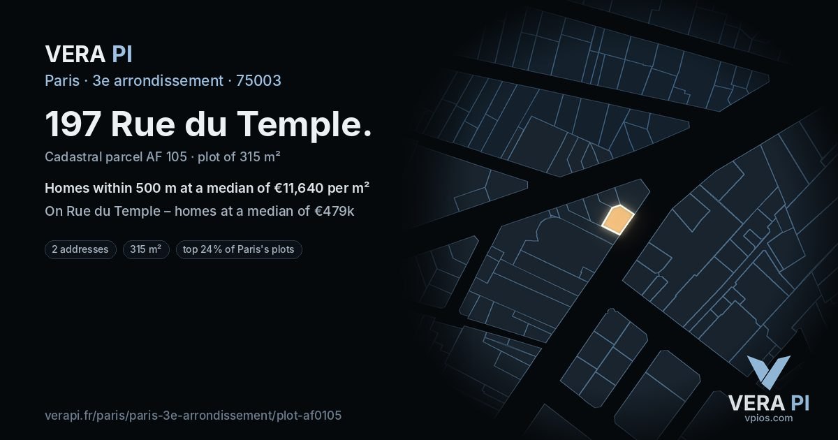 197 Rue du Temple, 3e arrondissement at night – the plot lit, the parcels around coloured by the prices near them