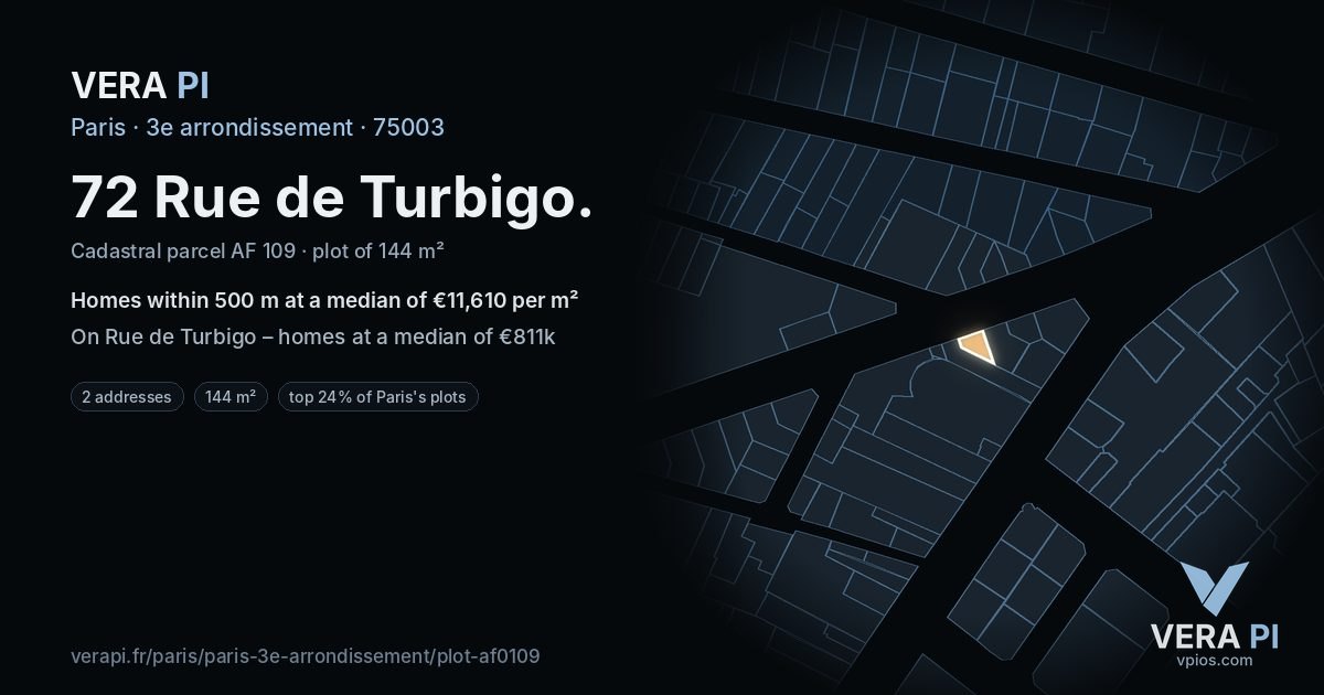 72 Rue de Turbigo, 3e arrondissement at night – the plot lit, the parcels around coloured by the prices near them