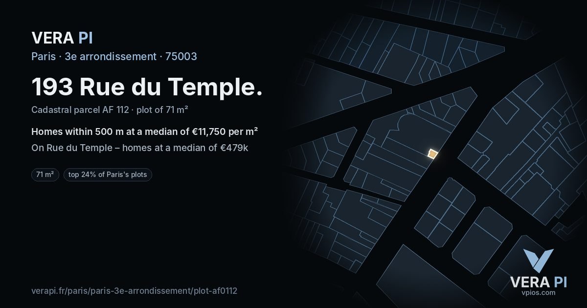 193 Rue du Temple, 3e arrondissement at night – the plot lit, the parcels around coloured by the prices near them