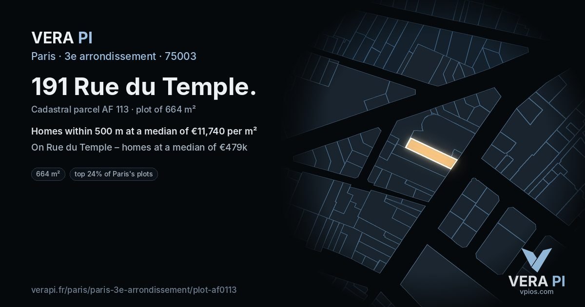 191 Rue du Temple, 3e arrondissement at night – the plot lit, the parcels around coloured by the prices near them