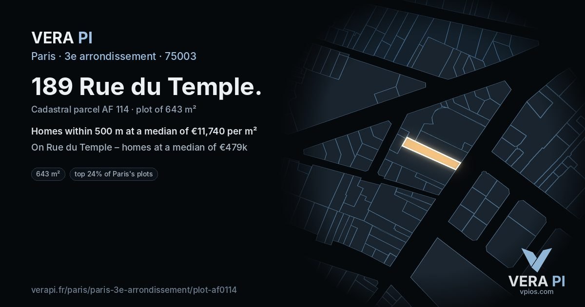 189 Rue du Temple, 3e arrondissement at night – the plot lit, the parcels around coloured by the prices near them