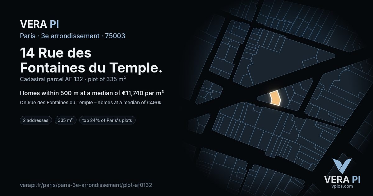 14 Rue des Fontaines du Temple, 3e arrondissement at night – the plot lit, the parcels around coloured by the prices near them