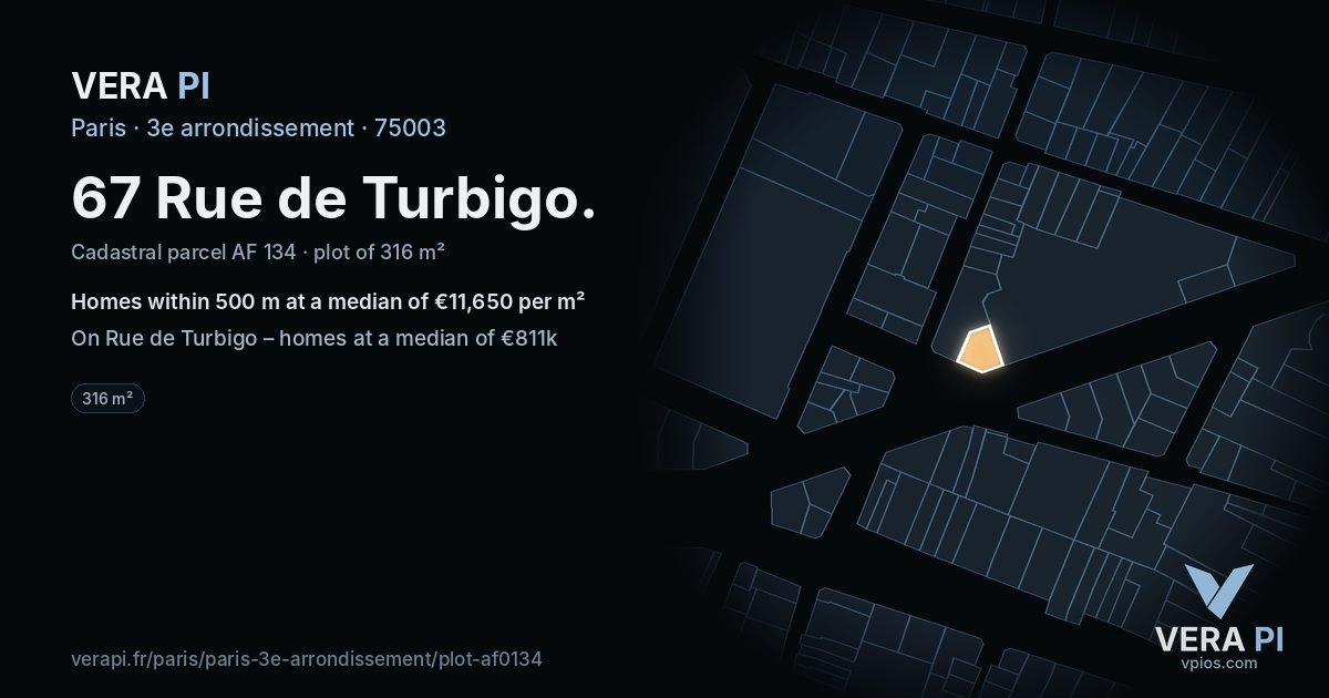 67 Rue de Turbigo, 3e arrondissement at night – the plot lit, the parcels around coloured by the prices near them